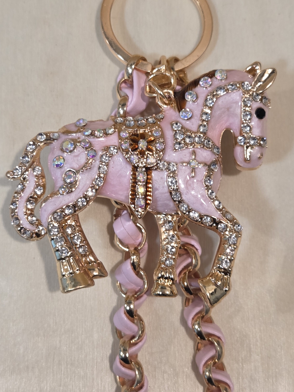 Luxury Pink Carousel Horse Keychain Rhinestone Bling Bag Charm With Wristlet